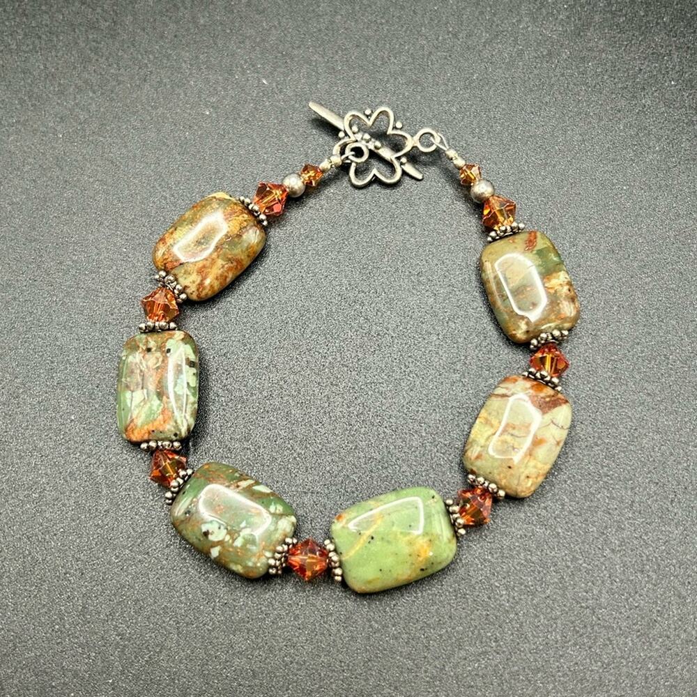 Green Stone Bracelet 925 silver clasp. Olive brown camo orange #100 - Picture 2 of 8